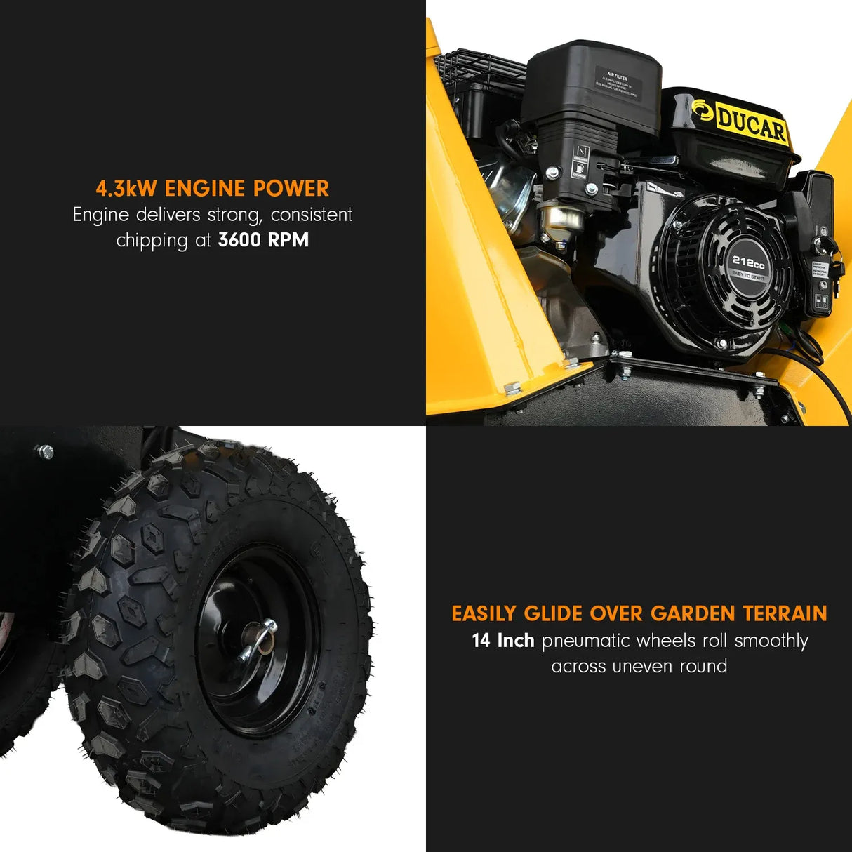 Ducar 70p 3600 Rpm Yellow Black Wood Chipper Shredder Mulcher Grinder Recoil & Electrical Starting System 100mm Capacity Ohv 4-stroke Engine 212cc Unleaded Petrol