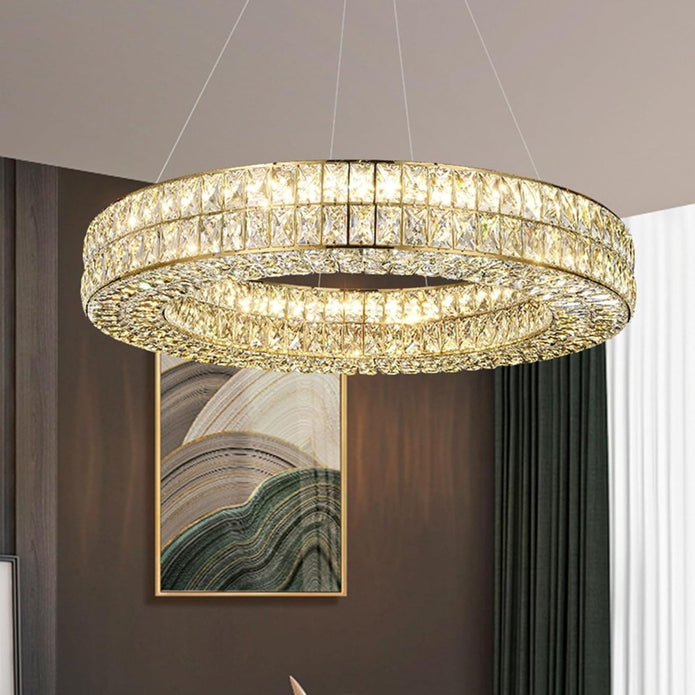 BAMDECOR C3332/1 Round Luxury Crystal Chandelier Modern LED Crystal Chandelier LED Ring Pendant Light Stainless Steel Ceiling Lamp Hanging Lights,for Dining Living Room (Gold)