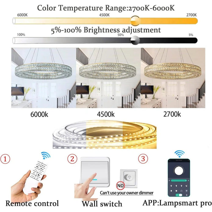 BAMDECOR C3332/1 Round Luxury Crystal Chandelier Modern LED Crystal Chandelier LED Ring Pendant Light Stainless Steel Ceiling Lamp Hanging Lights,for Dining Living Room (Gold)