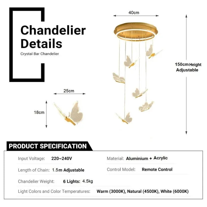 BAMDECOR LT05 6 Nordic Butterfly Luxury Chandeliers Pendant Lights for Villa Stair Home Decoration Modern Style Exquisite Chandelier (Gold)