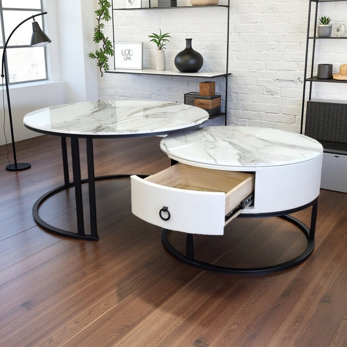 Snowy Mountain Faux Modern Marble Slate Nesting Coffee Table Set Leather Wrapped Wood Drawers