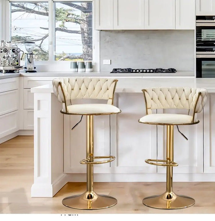 2x Height Adjustable Swivel Bar Stool Velvet Golden Base Barstools Chairs Padded Seat- Beige