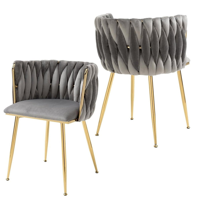 SERENITà Grey Modern Hand Weaving Dining Chairs,Velvet Upholstered Side Chairs with Gold Legs, Chic Vanity Chairs with Armrest, Accent Chair for Dining Room, and Cafe Set of 2