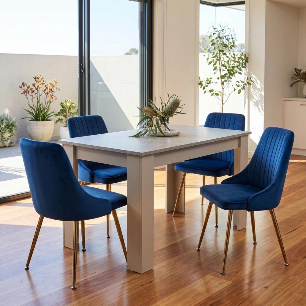 5Pc Grey Rectangular Dining Table with 4x Blue Velvet Chairs