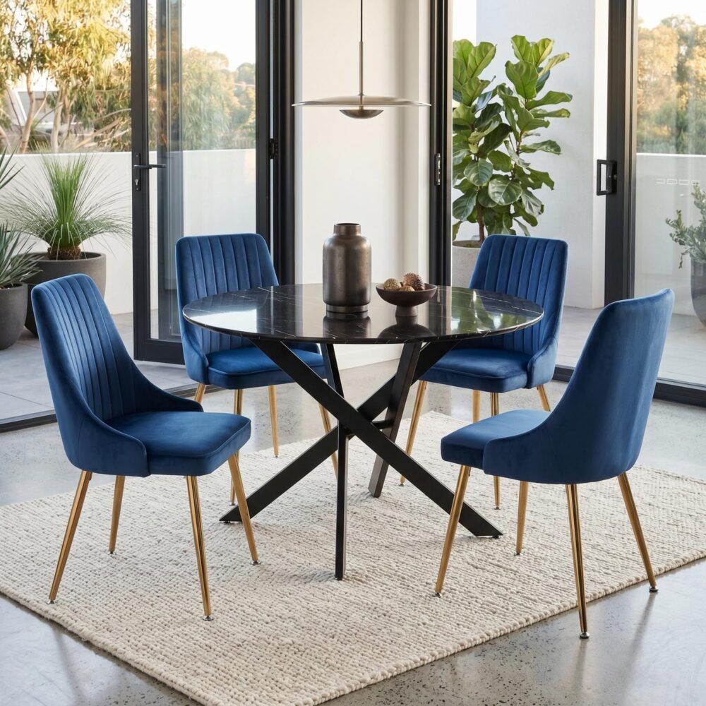 5Pc Marble Masterpiece Dining Table and Chair Set