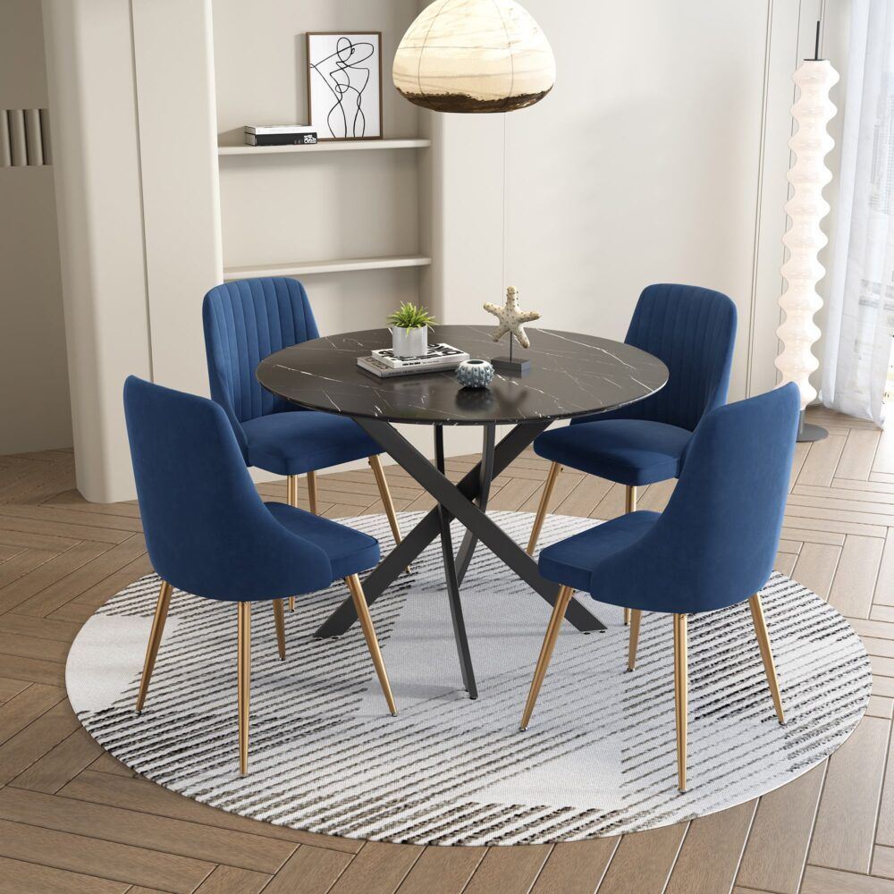 5Pc Marble Masterpiece Dining Table and Chair Set