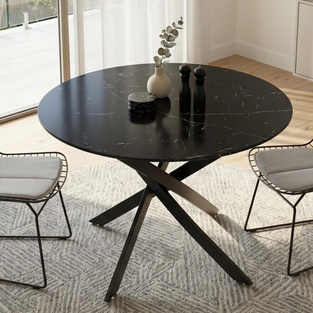 Round Marble-Effect Table-Black