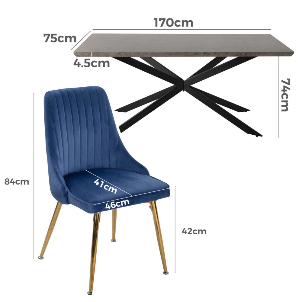 7Pc Dining Delight: Rectangular Table and Navy Velvet Chairs Dining Set