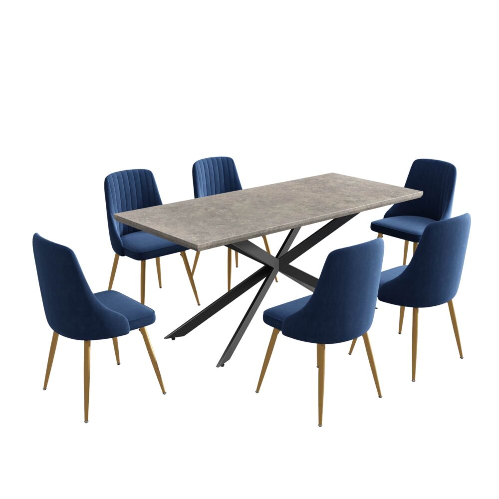 7Pc Dining Delight: Rectangular Table and Navy Velvet Chairs Dining Set