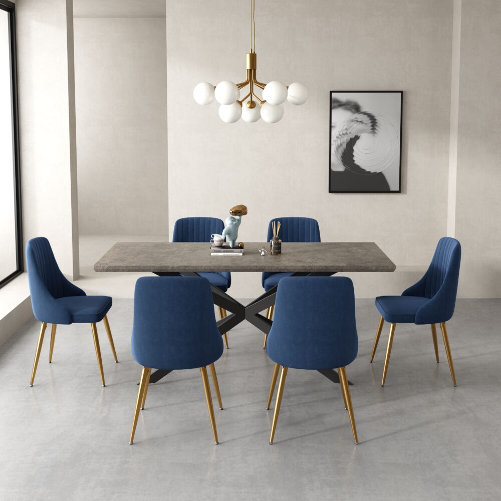 7Pc Dining Delight: Rectangular Table and Navy Velvet Chairs Dining Set