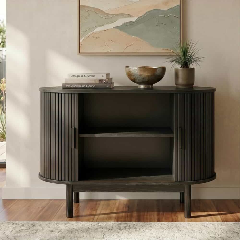 Mid-Century Black Ribbed Sideboard Cabinet