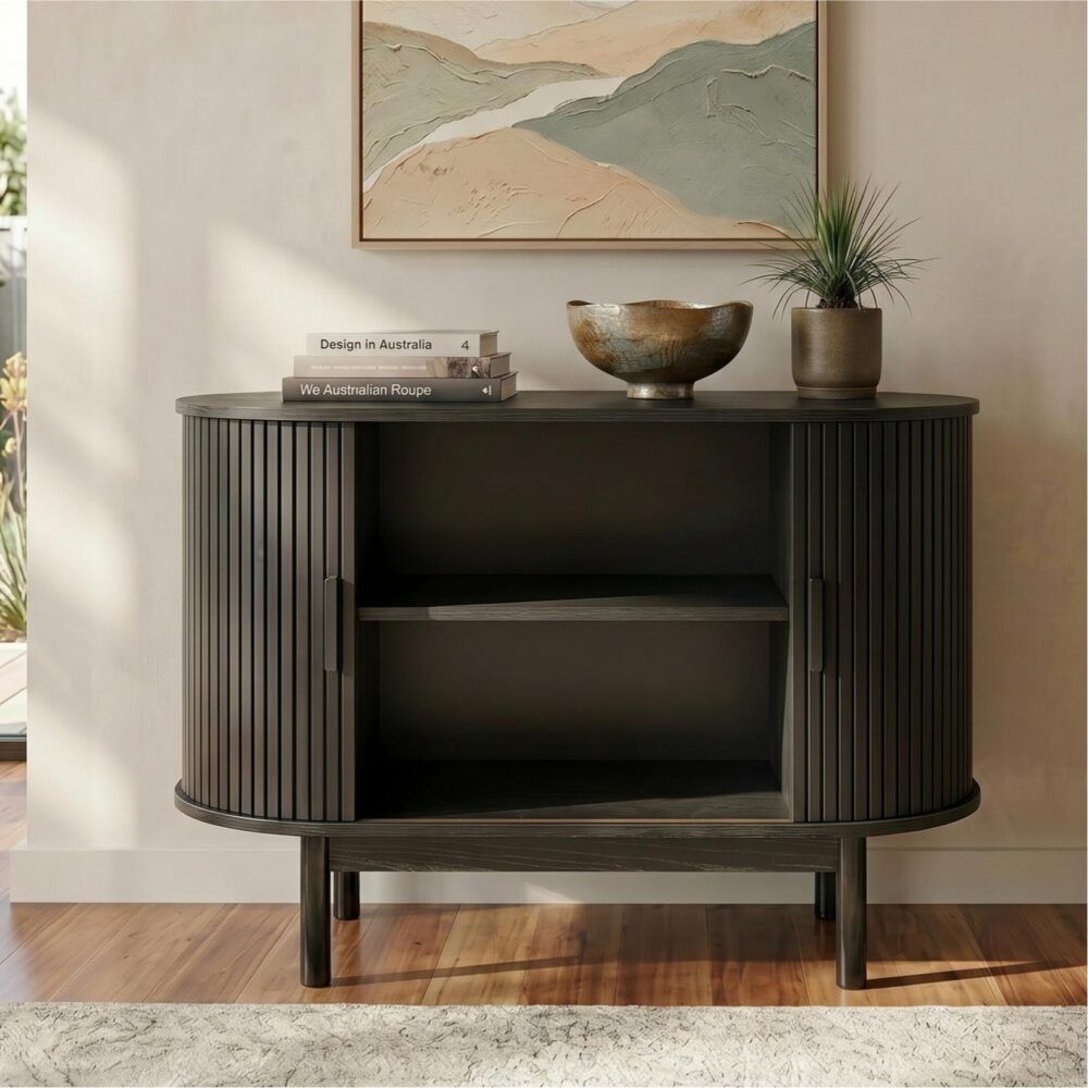 Mid-Century Black Ribbed Sideboard Cabinet