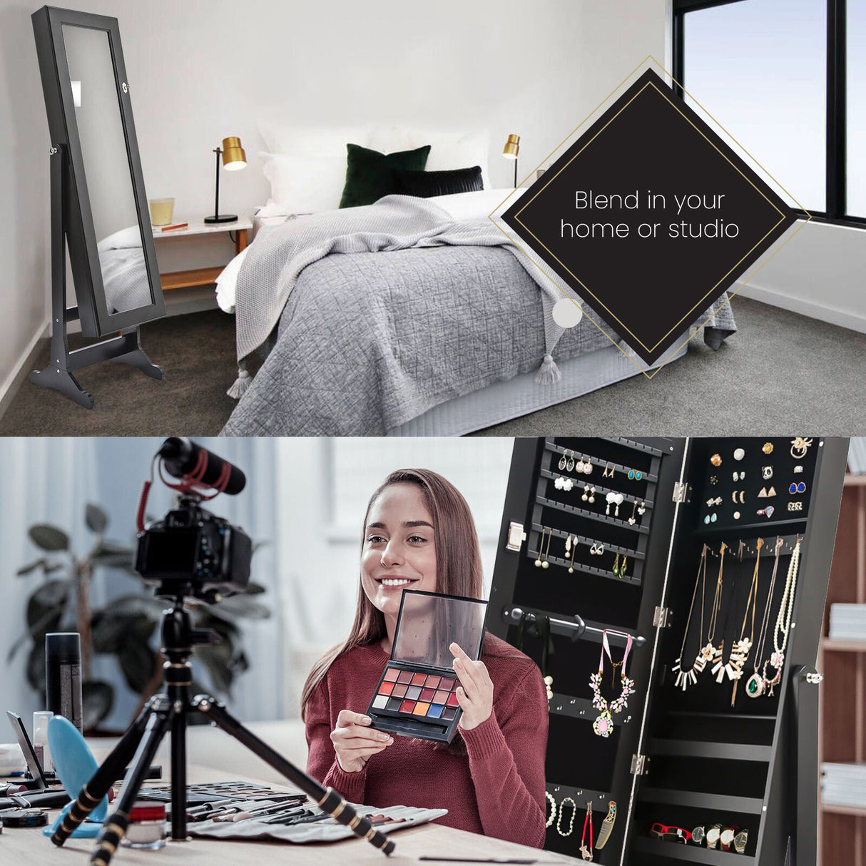 Mirror Jewellery Cabinet Organiser 2 Drawers LOWE 146cm BLACK