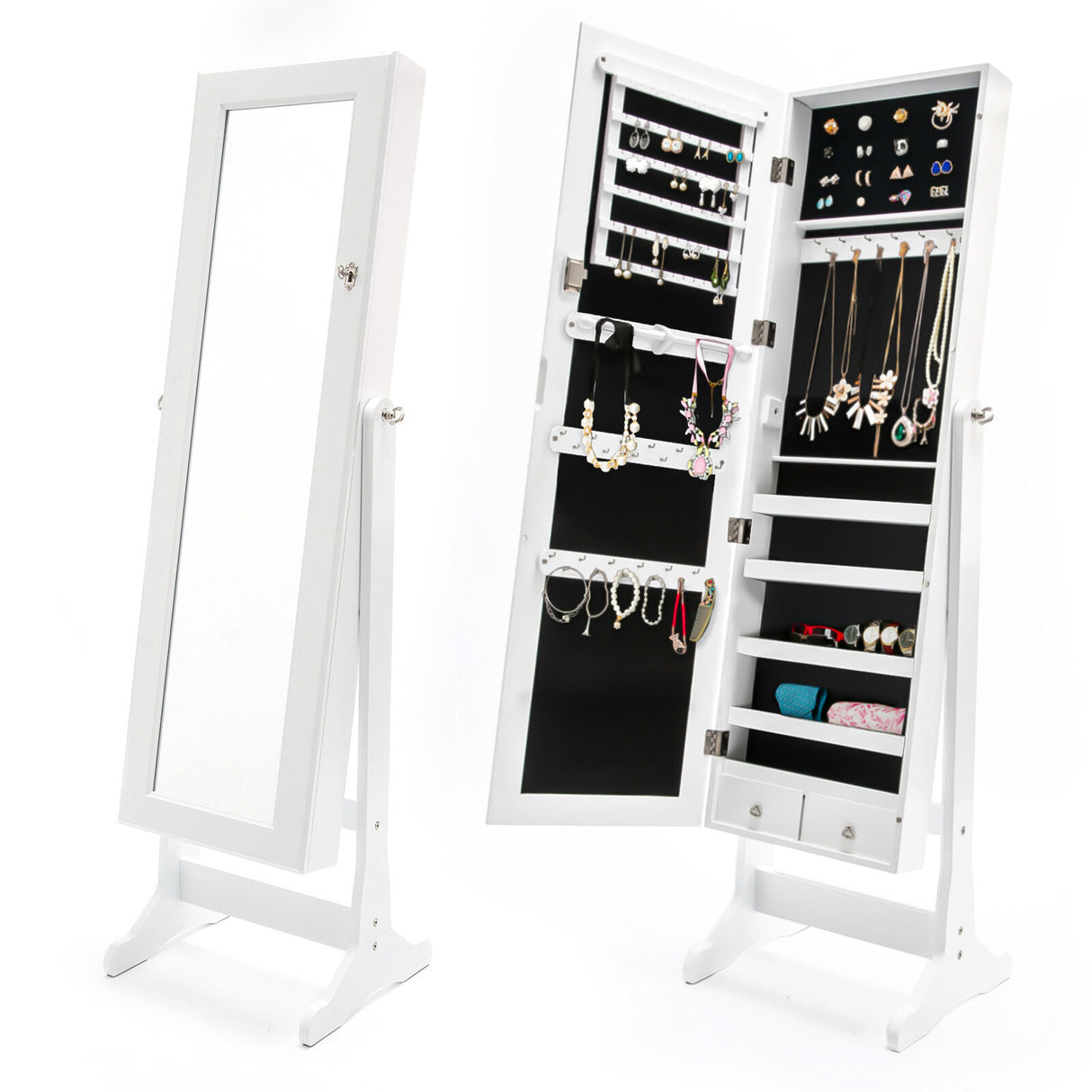 Mirror Jewellery Cabinet Organiser 2 Drawers LOWE 146cm WHITE