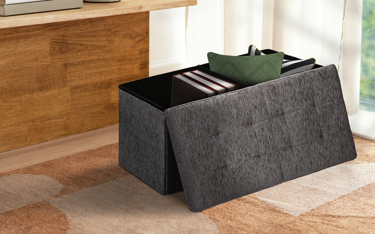 Foldable Storage Ottoman - Flip Lid Side Table Toy Blanket Organiser Seat KIRA BLACK