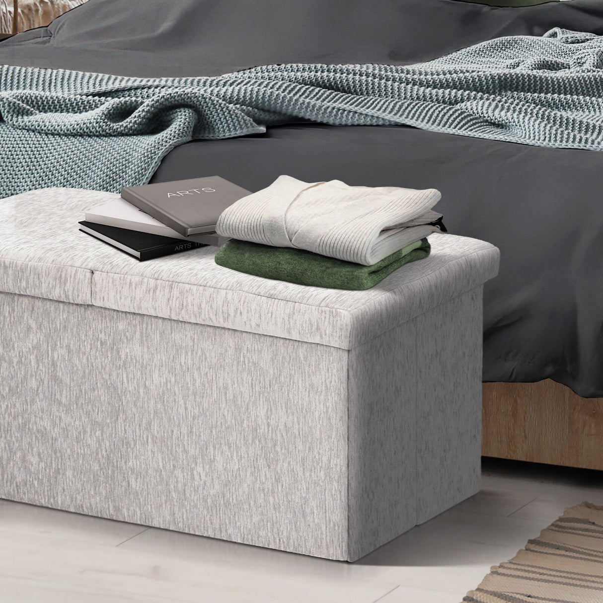 Foldable Storage Ottoman - Flip Lid Side Table Toy Blanket Organiser Seat KIRA GREY