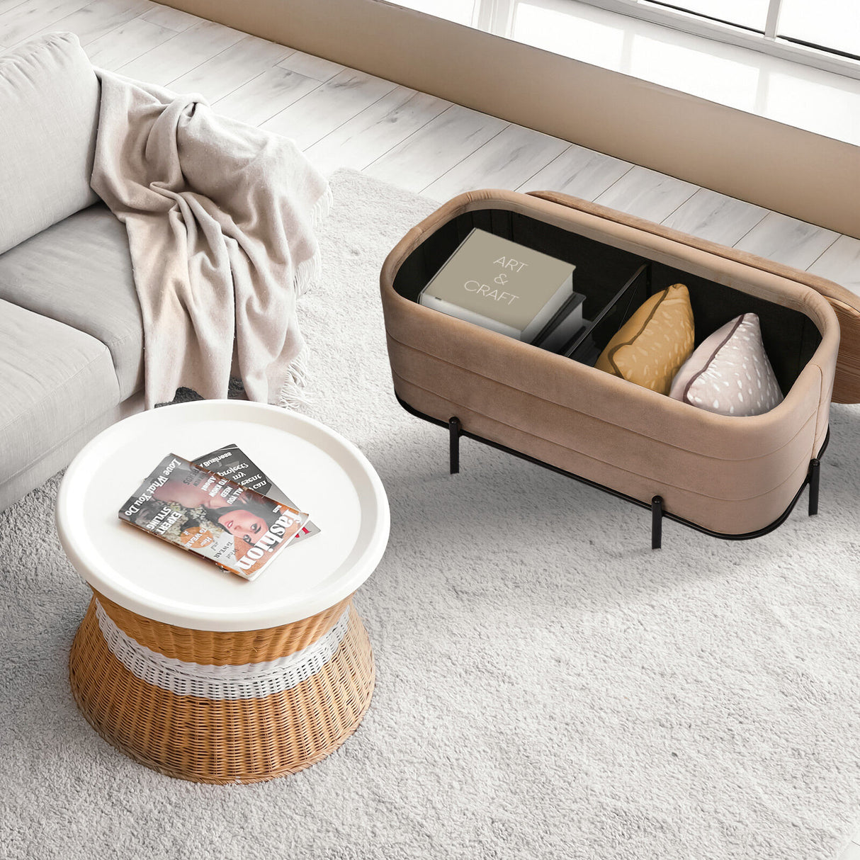 La Bella Coffee Table Storage Ottoman - Velvet Blanket Box Bench DEMI - CAMEL BEIGE