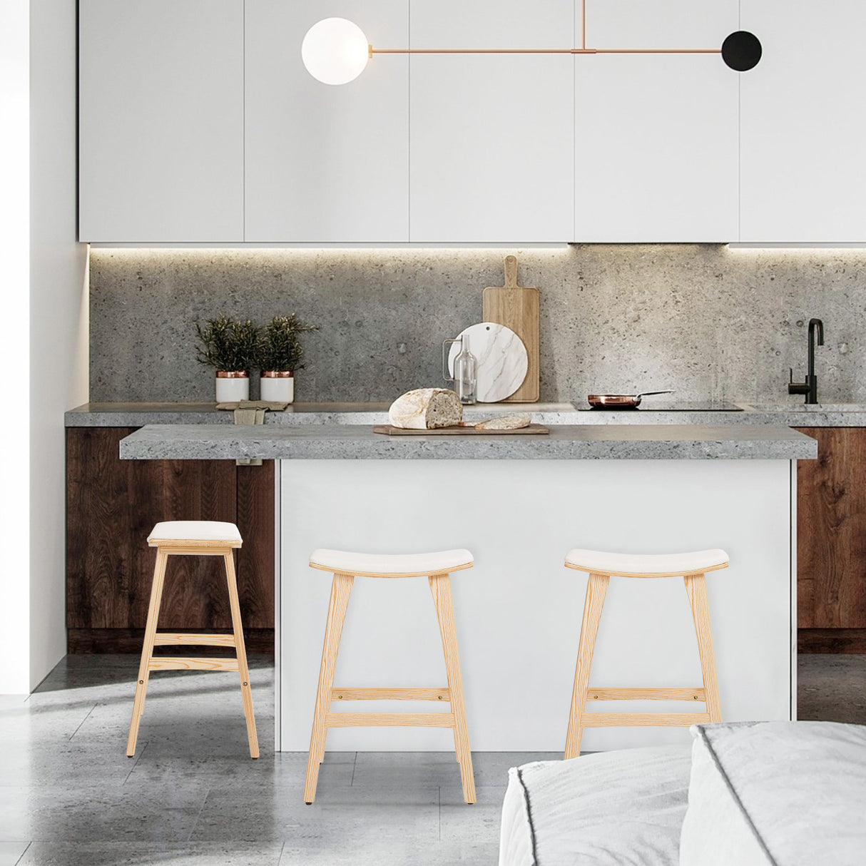 4X Wooden Bar Stool Padded Fabric Dining Chair KANSO 65cm BEIGE