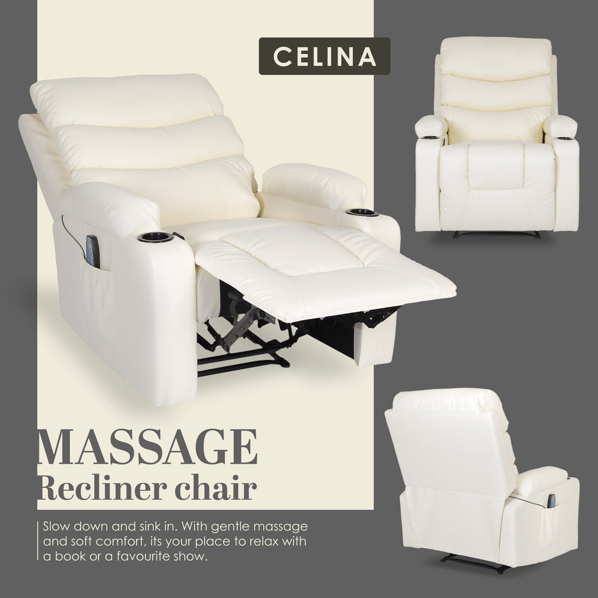 8-Point Electric Massage Recliner Chair - PU Leather Lounge Sofa Armchair CELINA CREAM