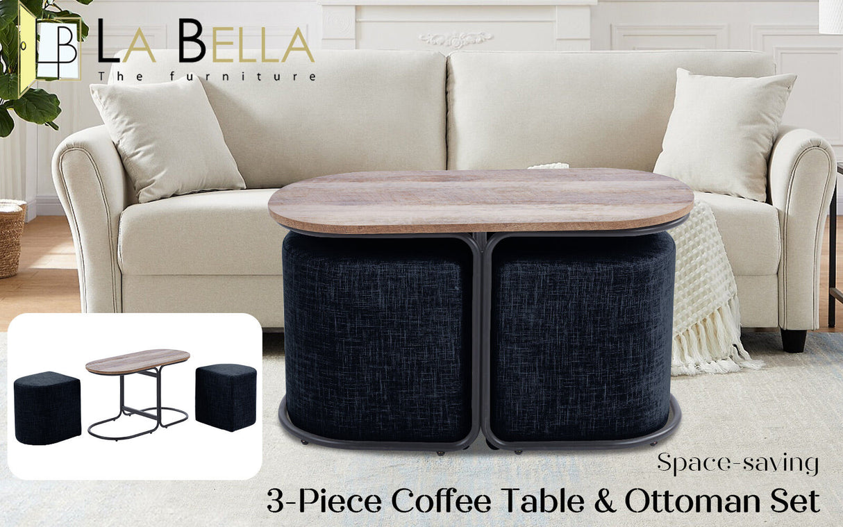 3 Piece Set Coffee Table & Ottoman Wood Side End Table Industrial - Black