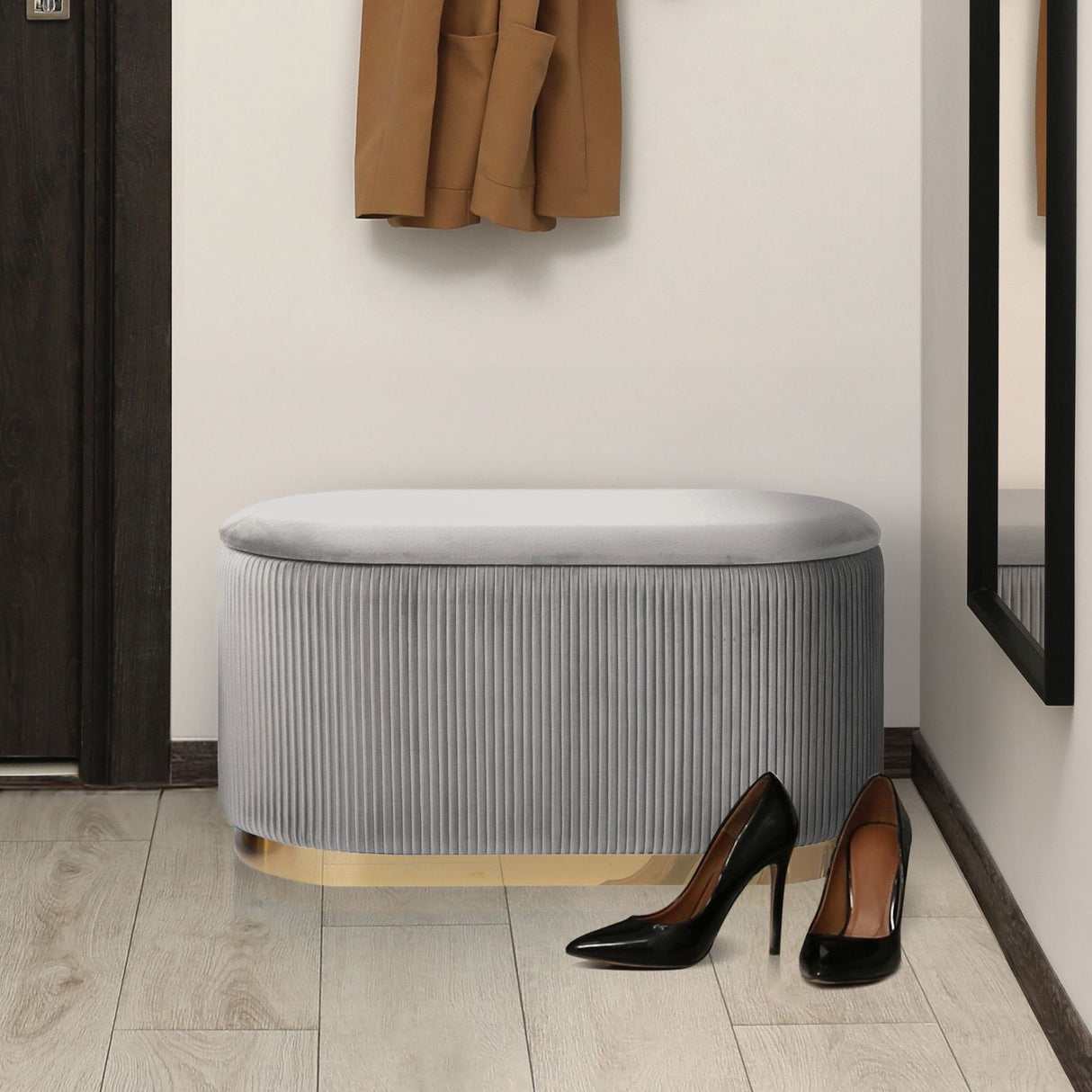 3 Piece Set Storage Ottoman - Blanket Box Velvet Padded Bench Stool FAYE GREY