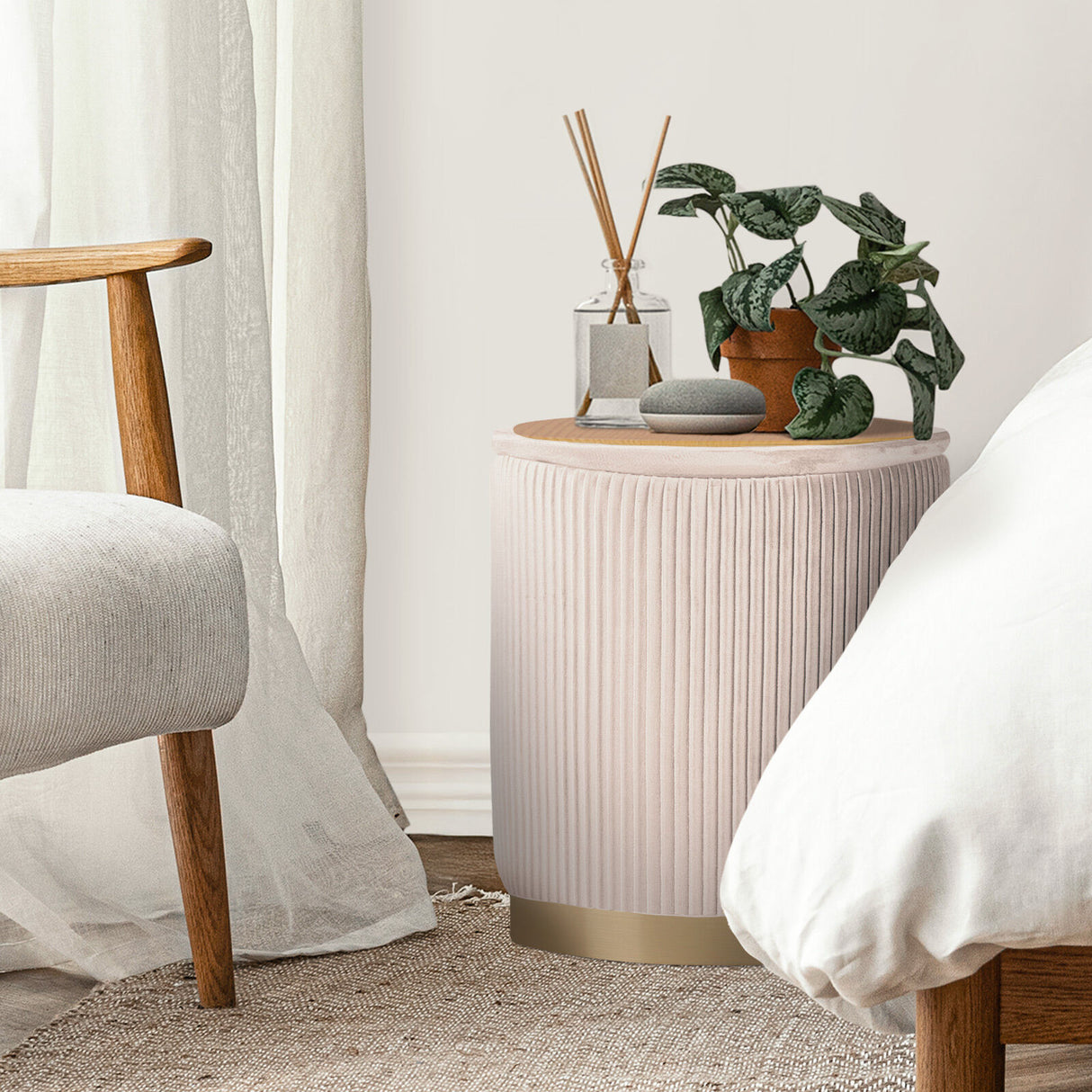 2X Side Table Storage Ottoman - Velvet Stool MIRA Cream