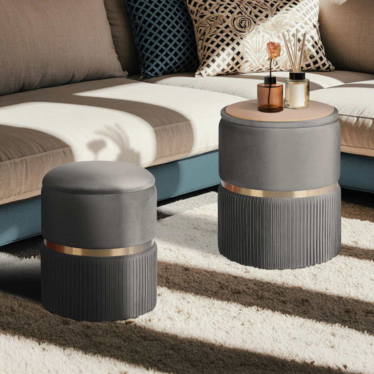 2X Side Table Storage Ottoman - Velvet Padded Stool Vanity Footstool REMI GREY