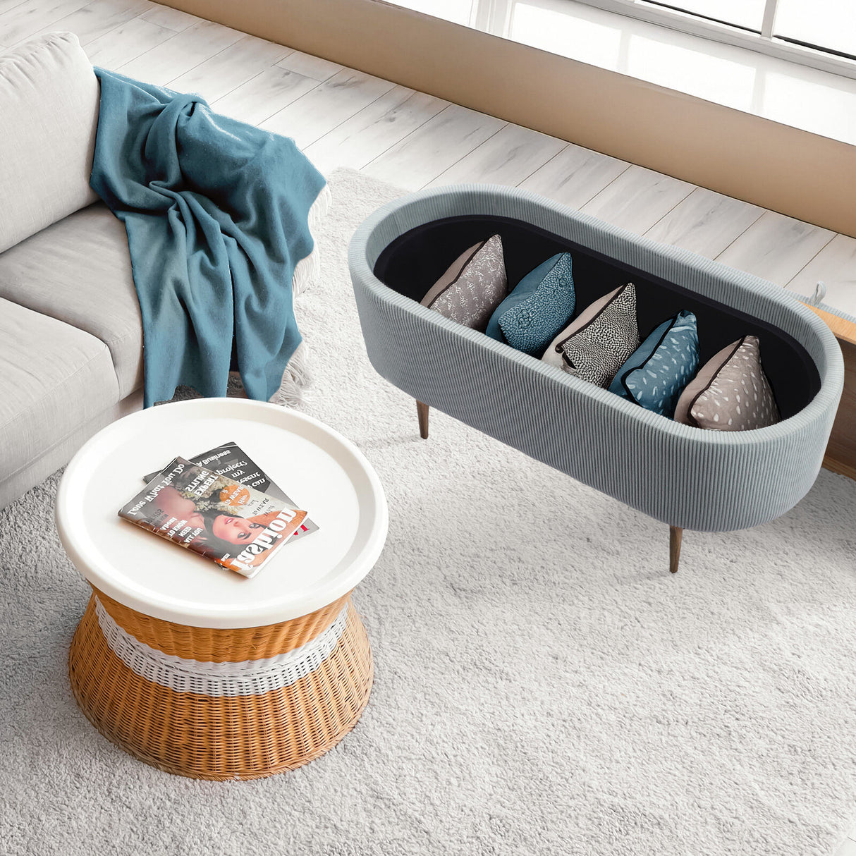 Coffee Table Storage Ottoman - Corduroy Padded Blanket Box Bench ESME - DUSTY BLUE