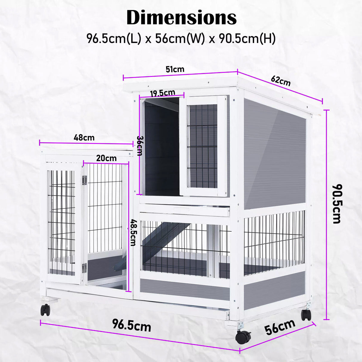 Rabbit Hutch Chicken Coop with Wheels 96.5 x 56 x 90.5cm 2 Storey Pet Cage Run HOPKINS