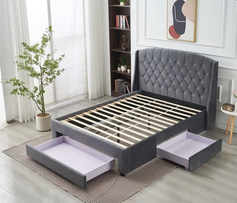 Paris Tall Tufted Velvet Dark Grey Bed with Storage Drawer - Queen
