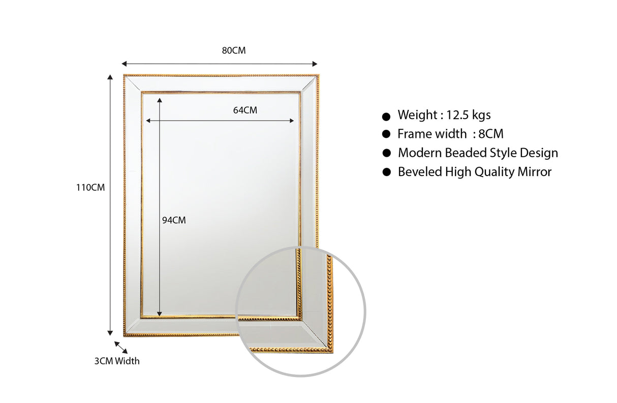 Gold Beaded Framed Mirror - Rectangle 80cm x 110cm