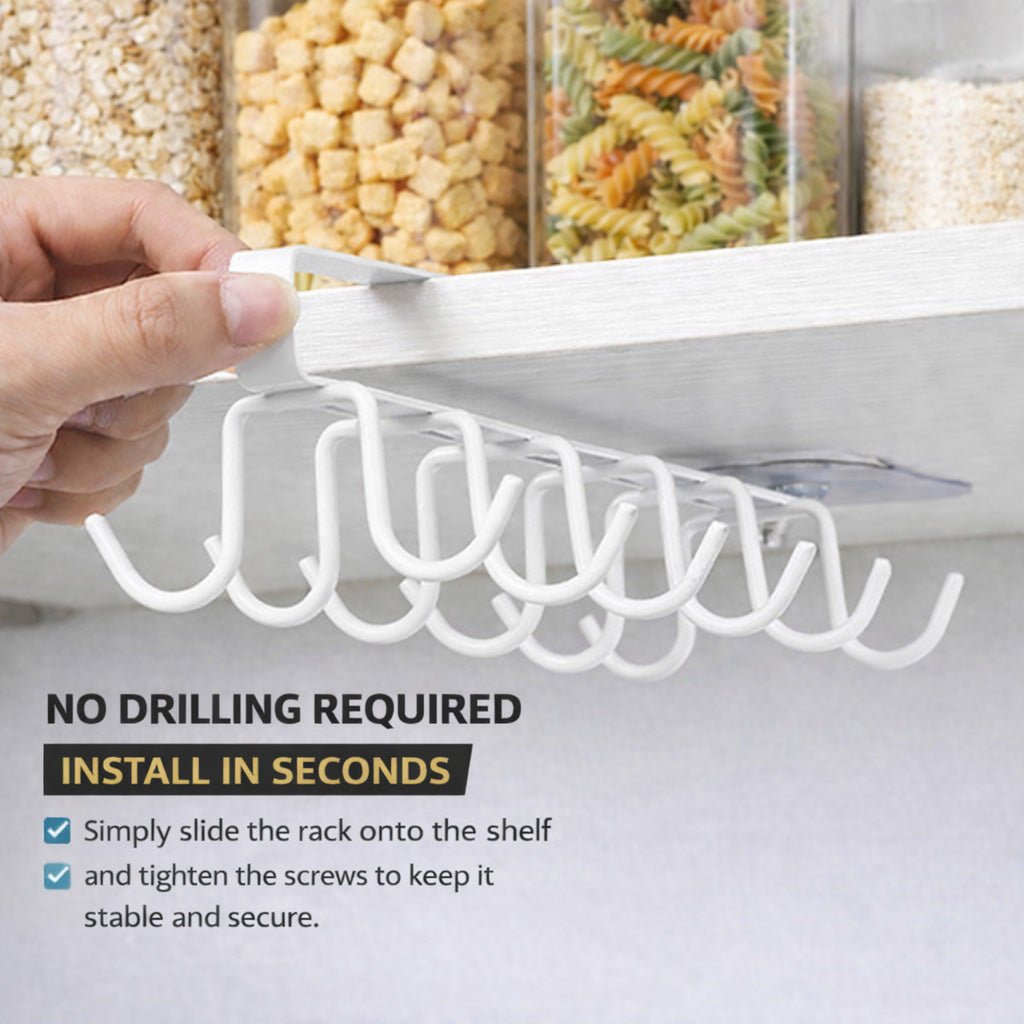 Under Cabinet Mug Holder 12 Hooks No Drill Cup Rack Organizer for Kitchen Storage White