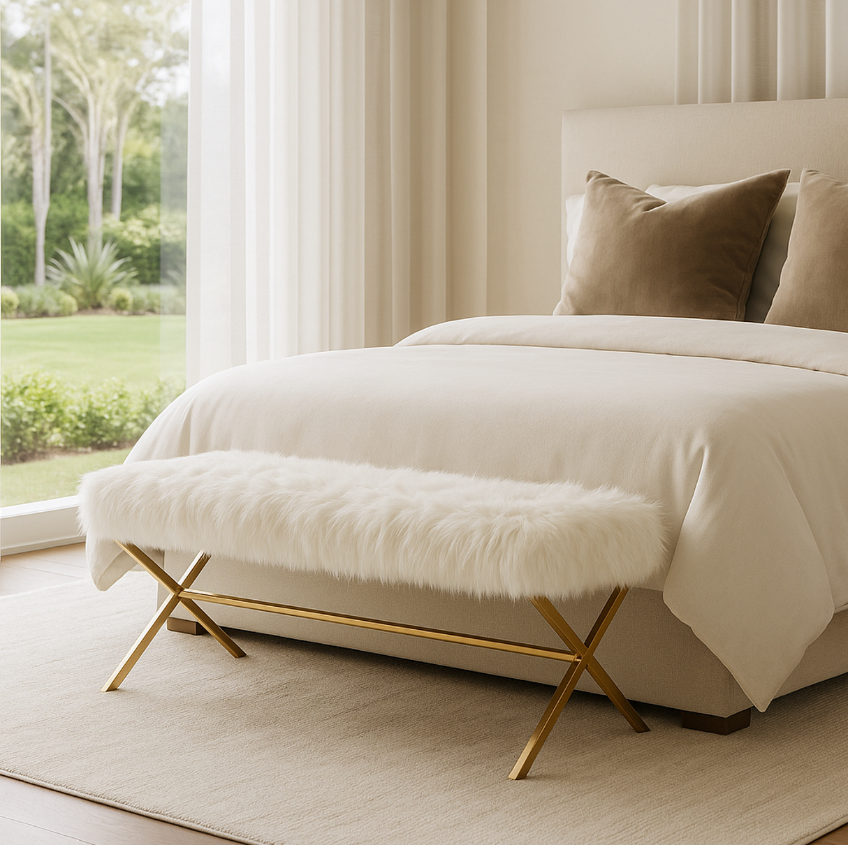 Interior Ave - Oxley Fur Bench - White & Gold