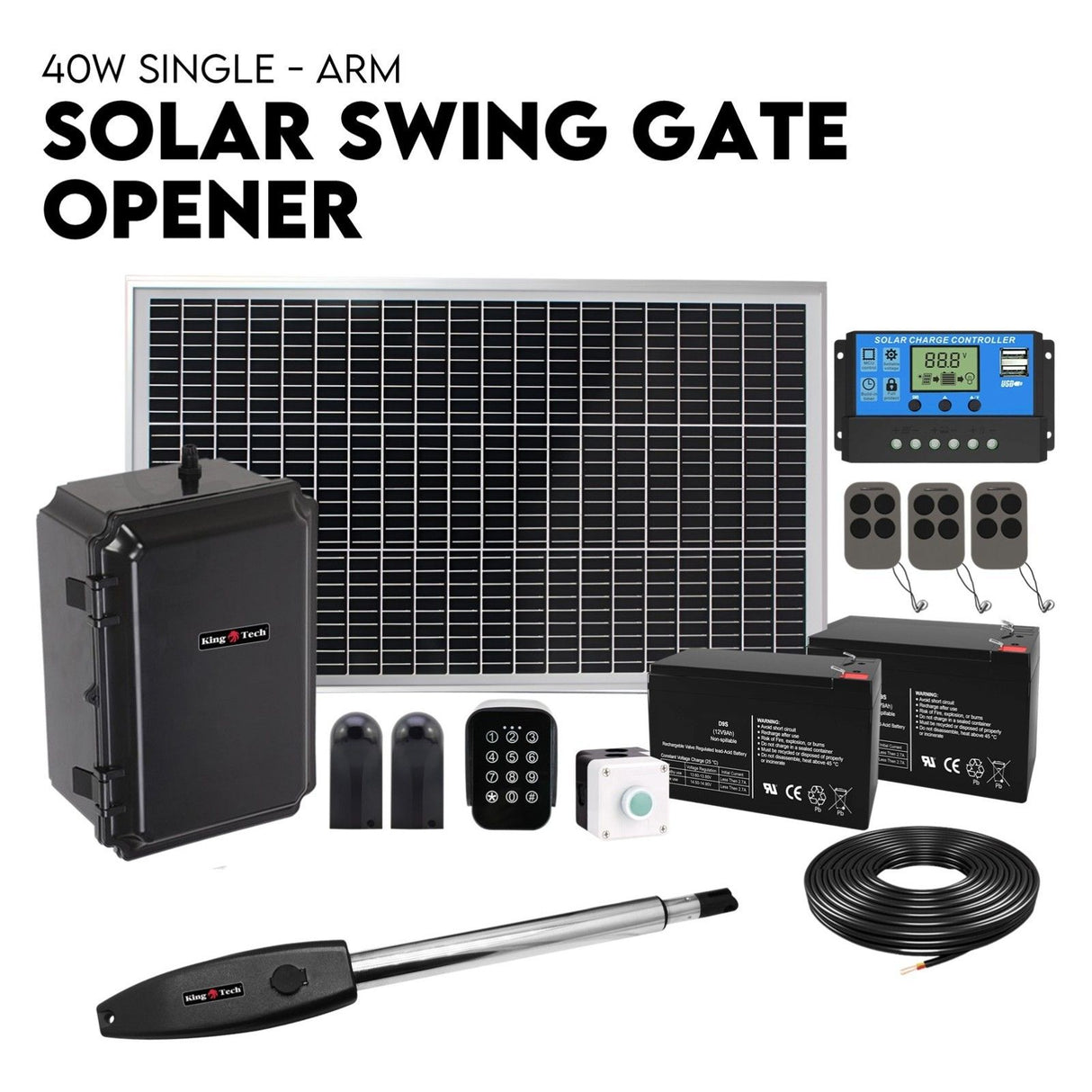 40W Full Solar Powered Automatic Remote Single Swing Gate Opener Battery