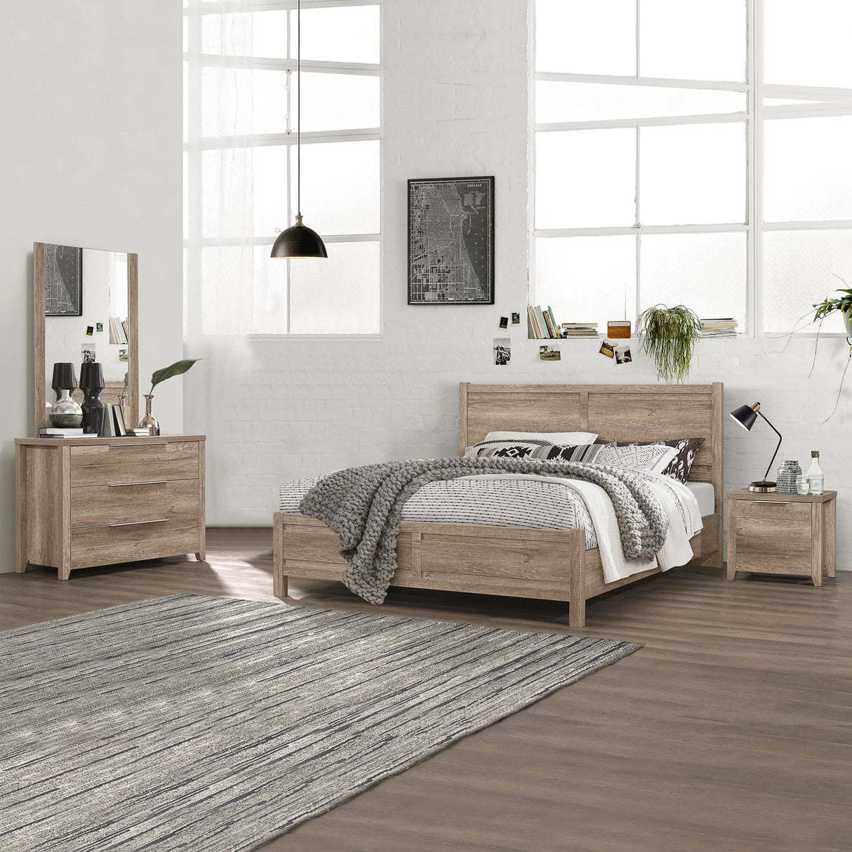 4 Pieces Bedroom Suite Natural Wood Like MDF Structure King Size Oak Colour Bed, Bedside Table & Tallboy