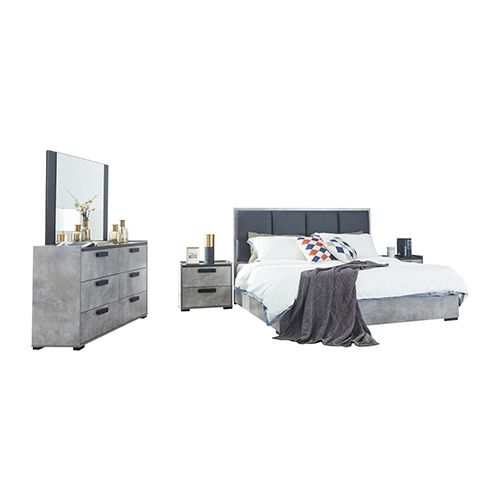 King 4 Pcs Bedroom Suite with Dresser Fabric Combination of Black & Cement Colour