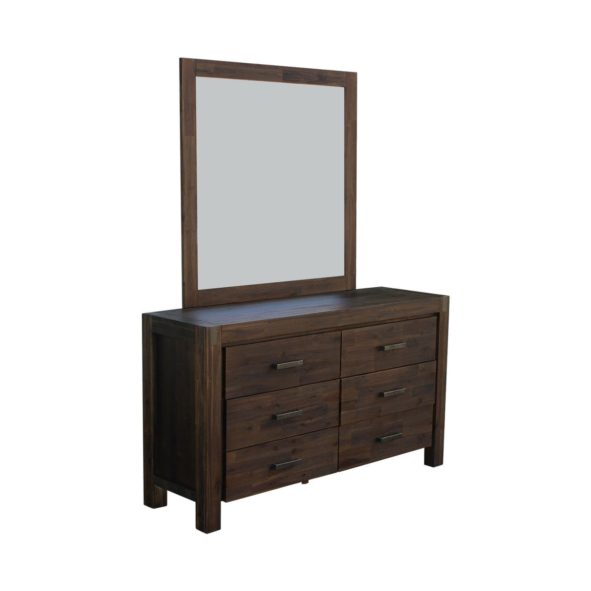 4 Pieces Bedroom Suite in Solid Wood Veneered Acacia Construction Timber Slat Queen Size Chocolate Colour Bed, Bedside Table & Dresser