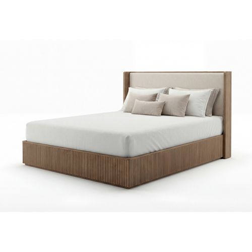 King Bed Frame with Fabric Upholstered Headboard in oak colour