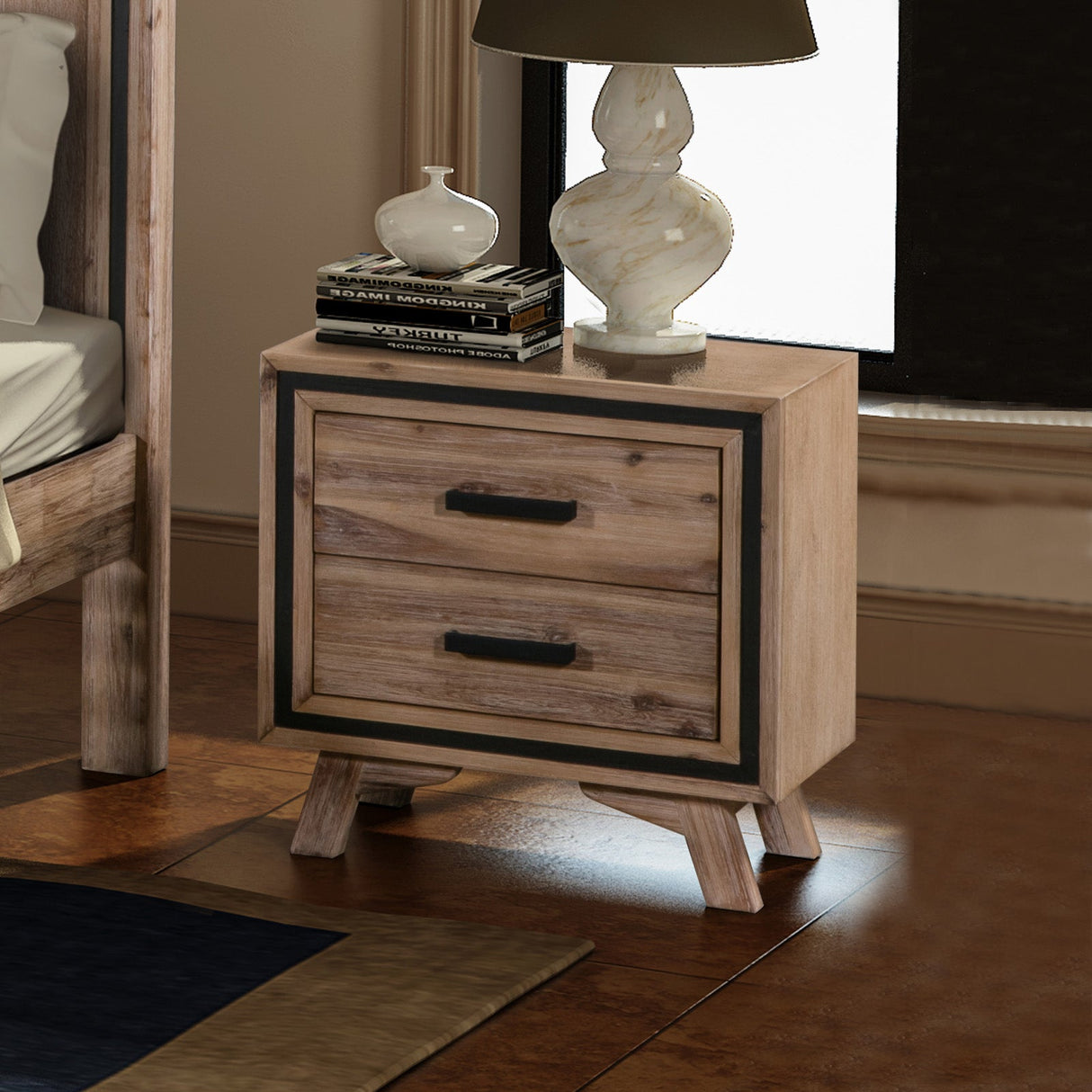 Bedside Table Solid Acacia Storage in Sliver Brush Colour