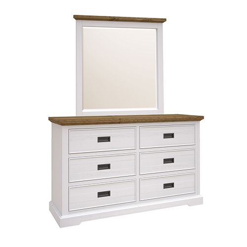 Miami White Dressing Chest with Mirror 6 Storage Drawers Slim Metal Handles