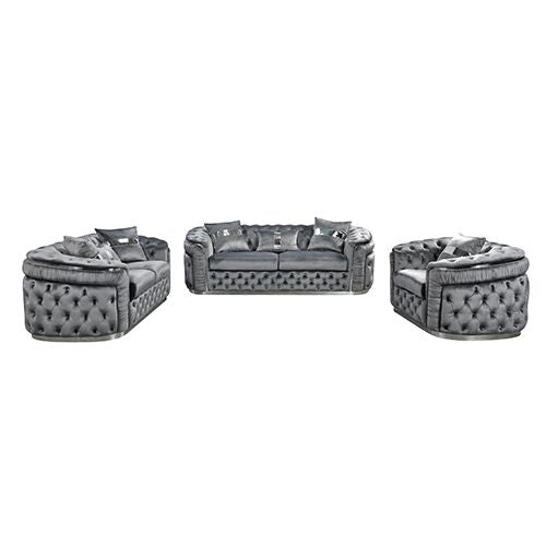 3+2+1 Seater Sofa Set Grey Velvet Fabric Solid Wood construction Silver Stainless Steel Trim