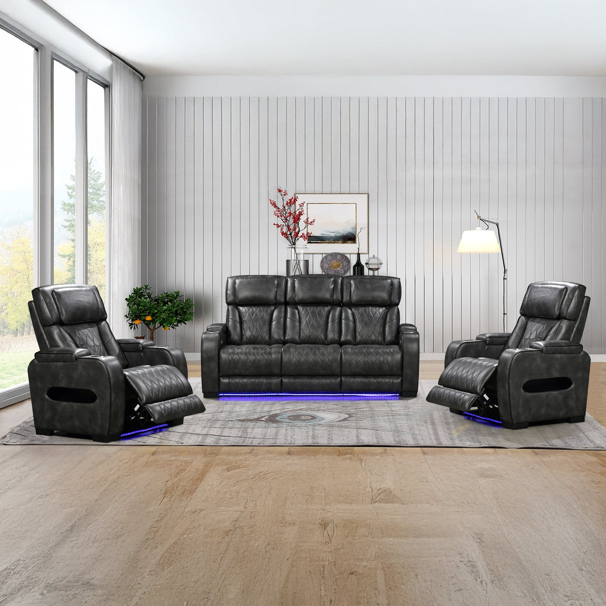 3-1-1 Seater Electric Air Leather Dark Grey Recliner Set