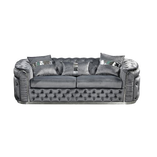 3 Seater Sofa Grey Velvet Fabric Solid Wood construction Silver Stainless Steel Trim
