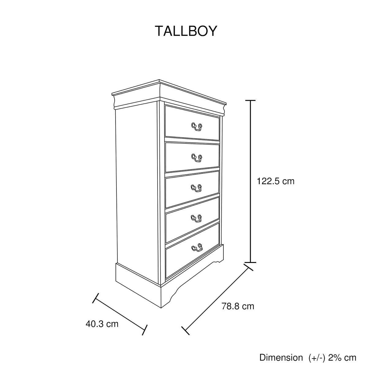 Tallboy with 5 Storage Drawers in Solid Wooden Metal Handles Grey Colour