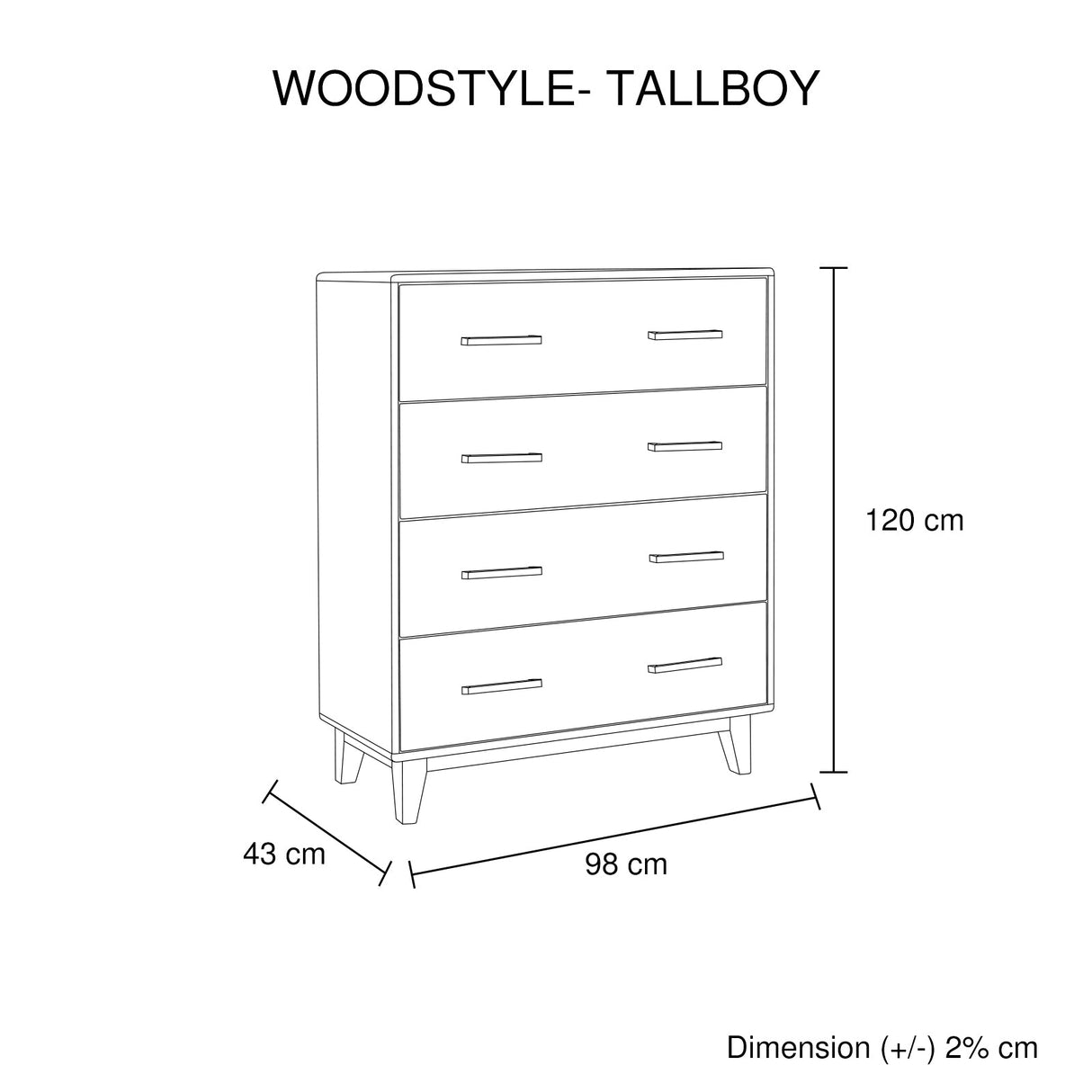 Tallboy with 4 Storage Drawers in Wooden Light Brown Colour