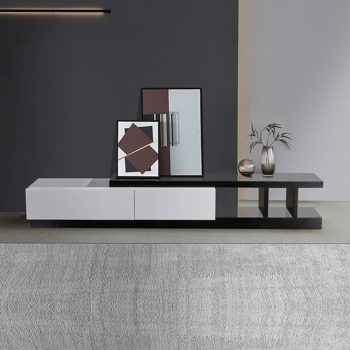 TV Cabinet with 2 Storage Drawers With High Glossy Assembled Entertainment Unit in Black & White colour