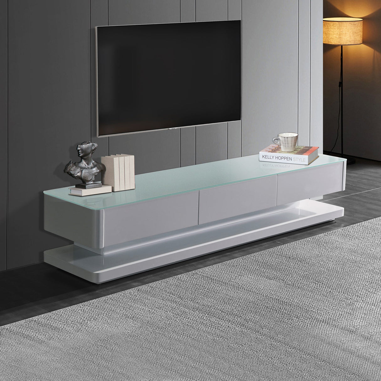 TV Cabinet with 3 Storage Drawers With High Glossy Assembled Entertainment Unit in White colour