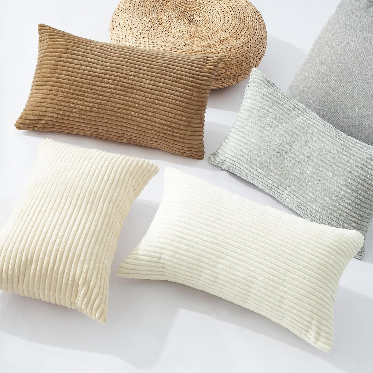 Corduroy Velvet Cushion Covers - Soft Velvet Fabric with Hidden Zipper - Stylish Mix of Beige Shades, 30cm x 50cm (Pack of 4)