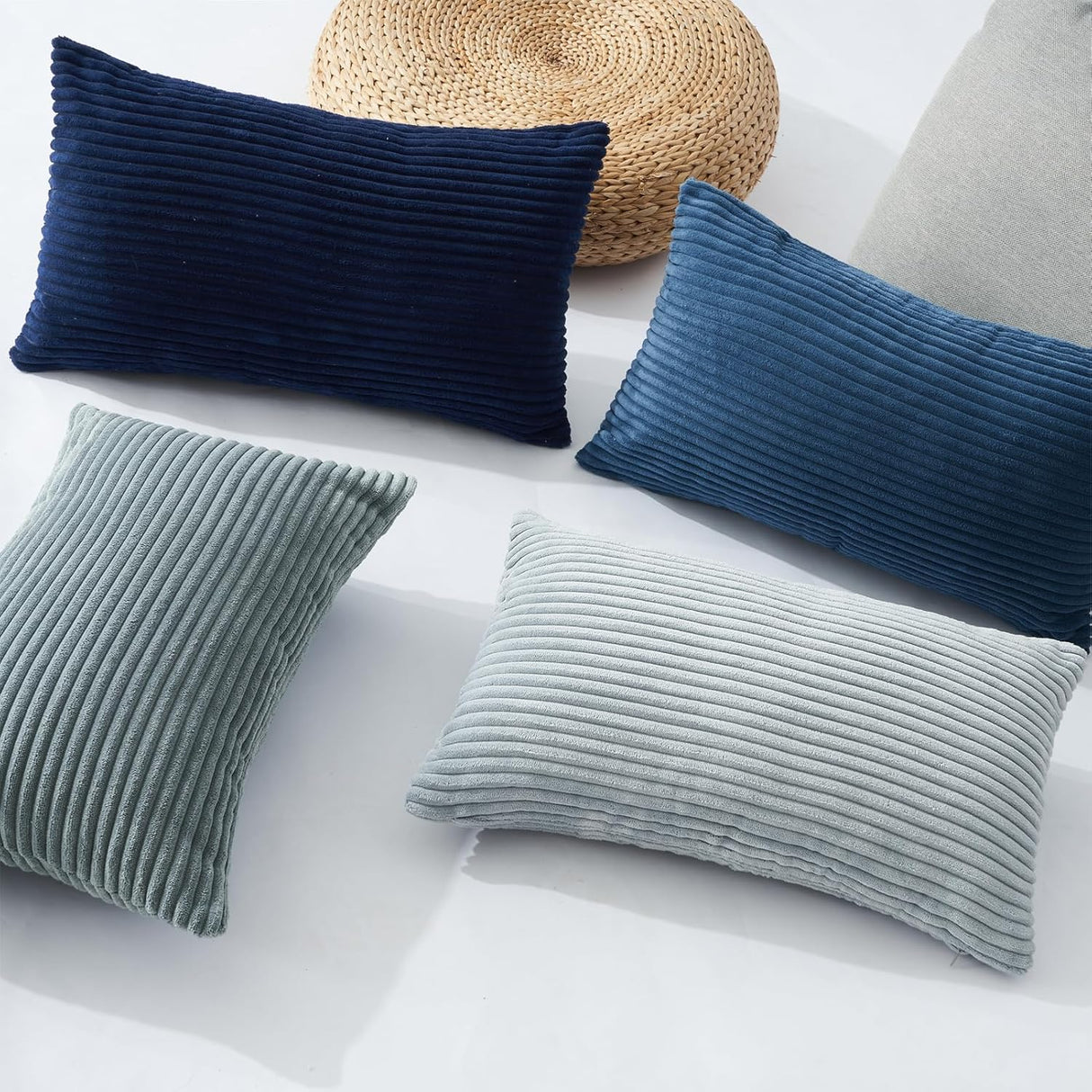Corduroy Velvet Cushion Covers - Soft Velvet Fabric with Hidden Zipper - Stylish Mix of Blue Shades, 30cm x 50cm (Pack of 4)
