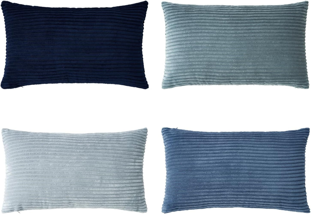 Corduroy Velvet Cushion Covers - Soft Velvet Fabric with Hidden Zipper - Stylish Mix of Blue Shades, 30cm x 50cm (Pack of 4)